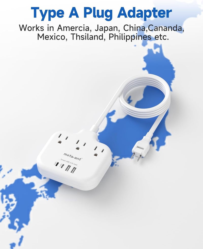meta-ant US to Japan Adapter, 2 Prong to 3 Prong Outlet Adapter with 3 Outlets & 4 USB(2 USB-C), 5FT Extension Cord, 180 Rotating Flat Plug 1875W, Type A Plug Adapter for USA to Japanese China Canada - Image 2